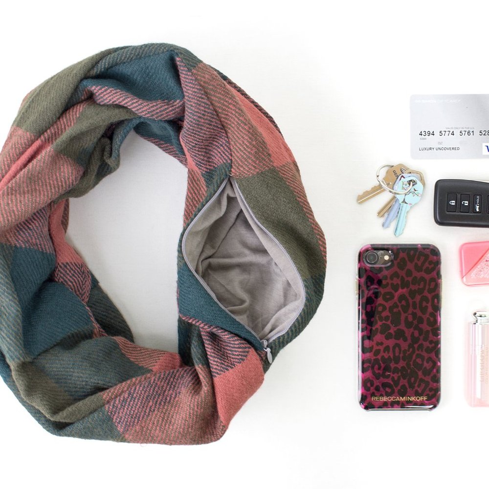 Green & Pink Plaid Infinity Scarf with Hidden Zipper Pocket Scarf
